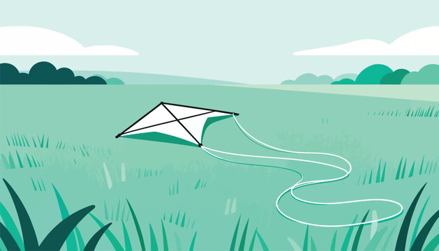 Kite on green field under cloudy sky with rolling hills
