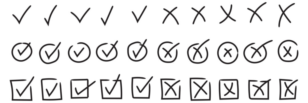 Check tick mark icon set, hand drawn doodle red cross box x check mark green checkbox v, sketch marker checklist symbol right and wrong set - stock vector