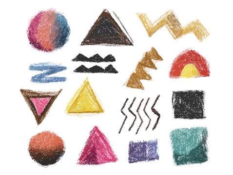 Formas geom&eacute;tricas abstractas dibujadas a mano con crayones sobre fondo transparente, dise&ntilde;o infantil.