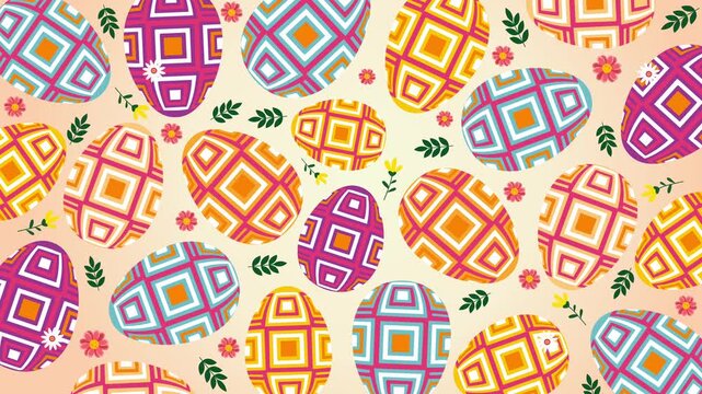 seamless pattern of colorful geometric easter eggs on light beige background