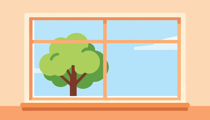 Fototapeta premium View of a lush green tree against a blue sky through a window