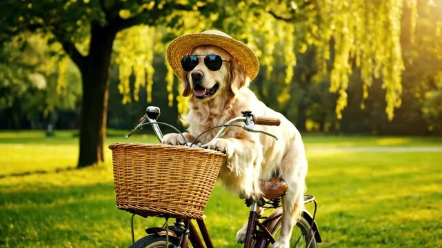 Playful Dog on Bicycle in Sunny Park - A cheerful golden retriever wearing a straw hat and sunglasses sits in the front basket of a bicycle, surrounded by a lush green park.