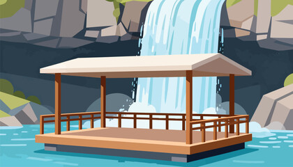 Fototapeta premium Wooden platform with roof floats on blue water in front of a tall waterfall