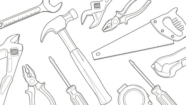 Construction and carpentry hand tools pattern line art.