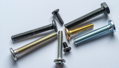 Collection of various metal threaded fasteners on a white background