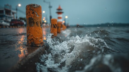 A city's flood barrier system activated by emergency measures.