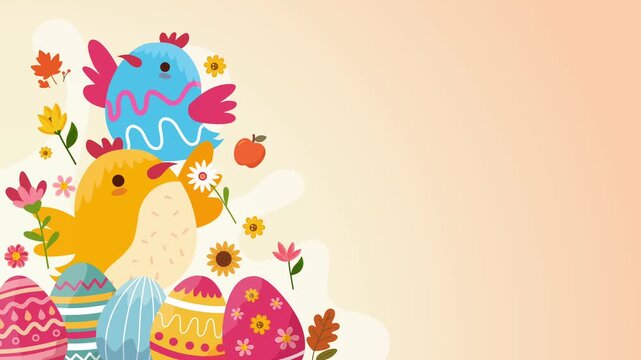 adorable yellow chick sitting with colorful easter eggs on warm peach background