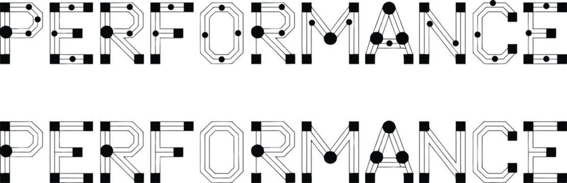 The word PERFORMANCE in a stylized font that mimics circuit board traces with black square nodes conveying a technological or digital theme.
