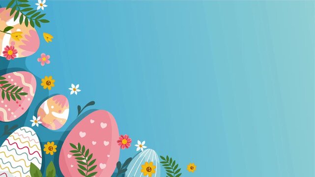 easter egg border on light blue background with beautiful pink spring flowers