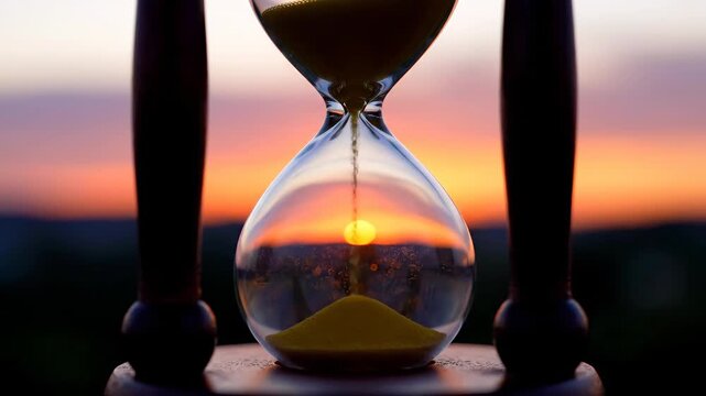 Hourglass Reflecting a Sunset - An hourglass filled with yellow sand is positioned against a backdrop of a vibrant sunset.