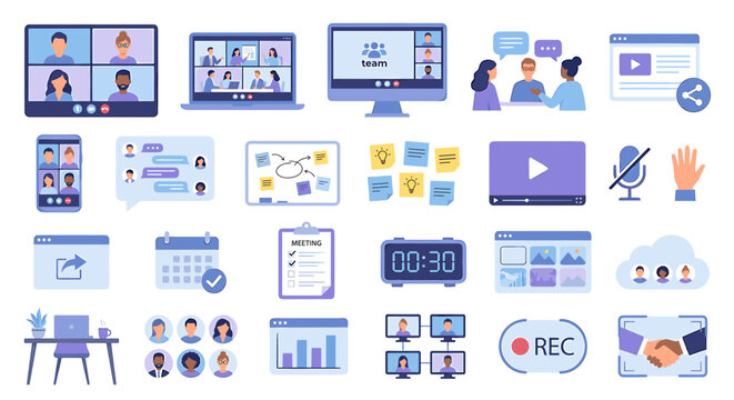 Collection of illustrations depicting various aspects of virtual meetings and online collaboration.