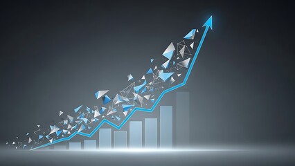 An innovative blue upward-trending line graph, symbolizing dynamic growth, elegantly breaks apart into abstract geometric pieces above a rising bar chart.