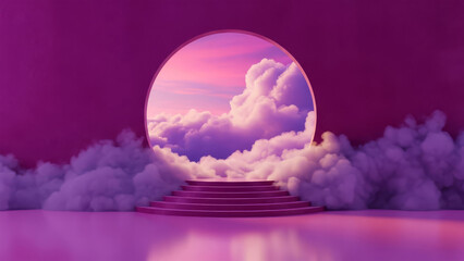 Surreal landscape with a glass sphere reflecting clouds on a staircase surrounded by fog viewed from the front image (10).jpg