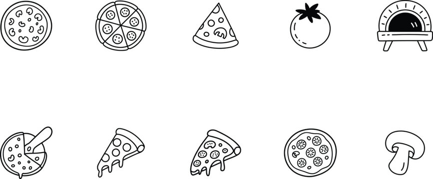 Pizza and Italian food icons set featuring whole pizzas, slices, ingredients, and a pizza oven in a line art style.
