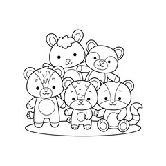Obraz premium Cute cartoon animal characters, a group of little bears drawn in simple outlines, perfect for coloring pages