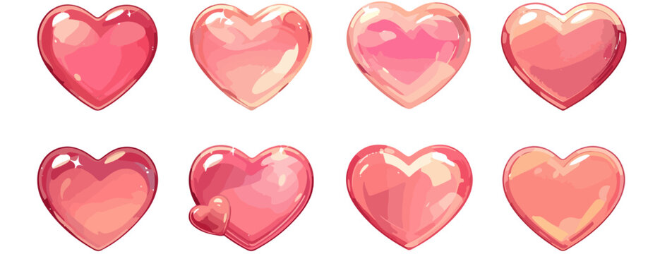 Ocho corazones rosados brillantes, dise&ntilde;o transparente con reflejos, simbolizando amor y afecto.