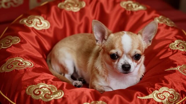 Chihuahua lying in a red auspicious cloud pattern pet bed