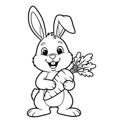 Obraz premium Cute bunny holding a carrot, illustration for coloring pages or Easter celebrations