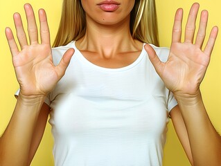 Woman with Hands Raised Against Yellow Background