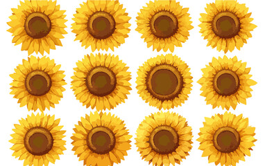Un conjunto de girasoles amarillos vibrantes sobre un fondo transparente, ideal para dise&ntilde;os de verano.