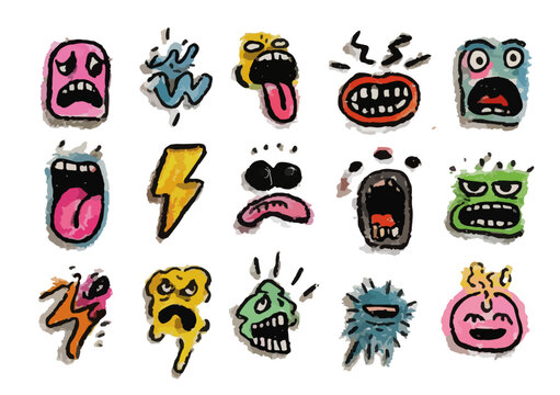 Colecci&oacute;n de caras de monstruos divertidos y expresivos con diferentes emociones y colores vibrantes, estilo garabato.