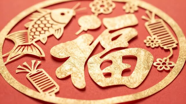 Golden Chinese character Fu with fish pattern on red background