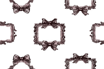 Patr&oacute;n de marcos ornamentales con lazos de estilo vintage, dise&ntilde;o dibujado a mano sobre fondo transparente.