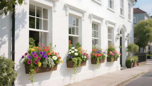 Charming White House with Colorful Flower Window Boxes on Sunny Street