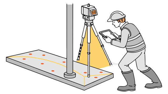Surveyor using a 3D laser scanner to measure a concrete platform and column on a construction site, 