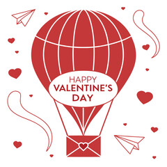 Romantic red hot air balloon carrying a special happy valentine's day message