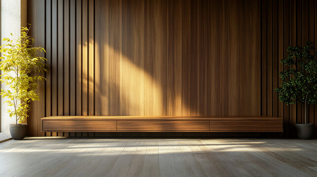 Interior of a room with an empty TV cabinet against the background of a wall. Modern design of wooden furniture for television