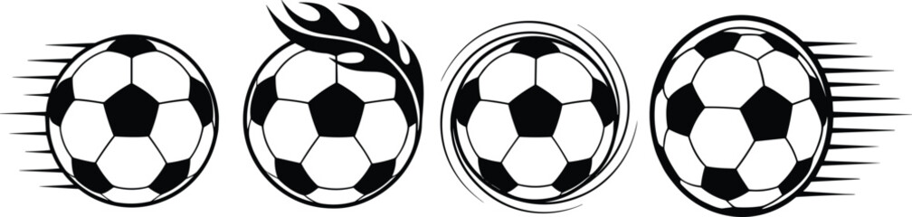 Obraz premium Soccer ball motion icons set with speed lines flames spinning effects and dynamic football action vector illustration