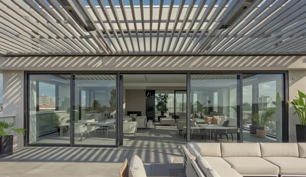 Modern two-story building with rooftop terrace and urban garden setting, featuring large windows, sliding doors, glass panels, stone cladding, metal accents, lush greenery, created with generative ai