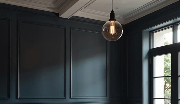 A modern interior room with dark blue or light-colored walls featuring decorative molding details, created with generative ai