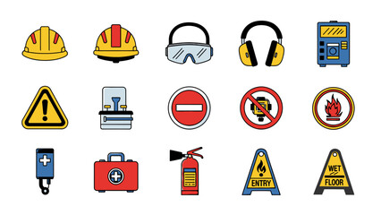 Obraz premium Occupational health and safety equipment icons set for industrial work.