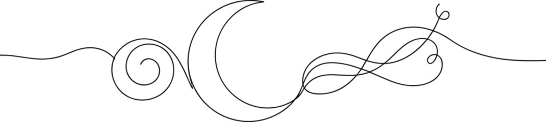 Minimal crescent moon line art with abstract flowing swirls decorative horizontal divider and elegant Ramadan themed vector illustration © Mostafijur