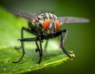 Close-up of a housefly on leaf.