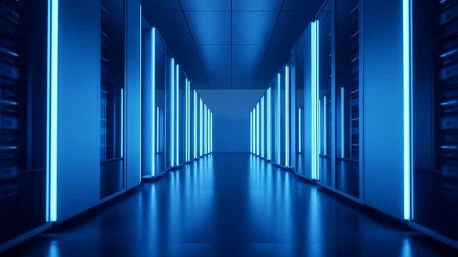 Blue server room corridor, data center technology background