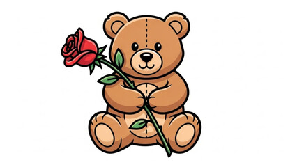 Obraz premium Cute teddy bear holding a red rose sweet illustration for Valentines Day love and romance concept isolated on white