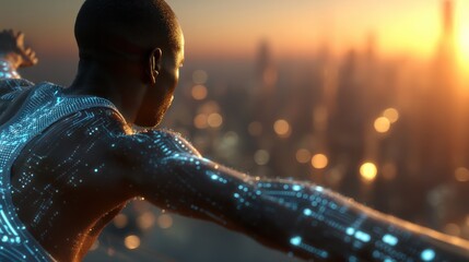 Athlete in smart fabric showcasing biometric data for performance tracking.