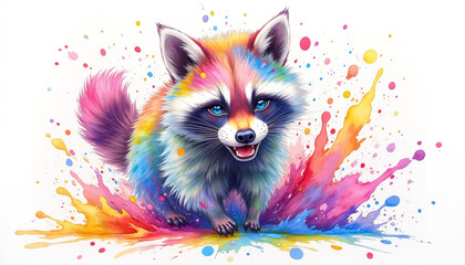 Mischievous Raccoon Splashing Multicolor Paint in a Chaotic Art Studio