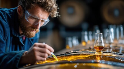 Naklejka premium An engineer measuring pH levels in a liquid sample for analysis.