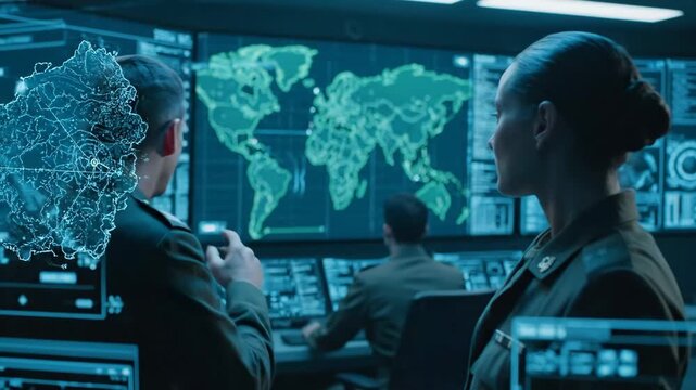 Military Command Center with Advanced Technology - A military personnel scenario in a command center featuring advanced technology.