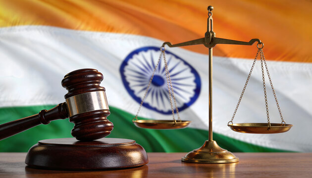 Justice System of India &ndash; Gavel and Scales with Indian Flag Background