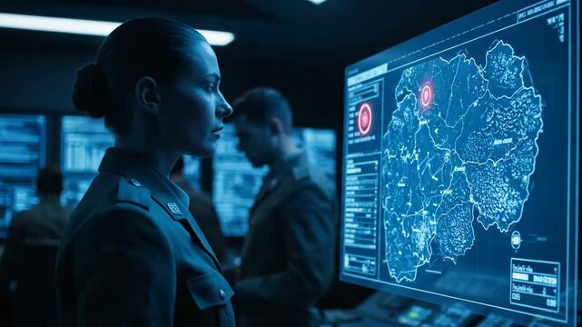 Military Strategy Operation Center - The video features a military strategy operations center where personnel are engaged with high-tech digital displays.