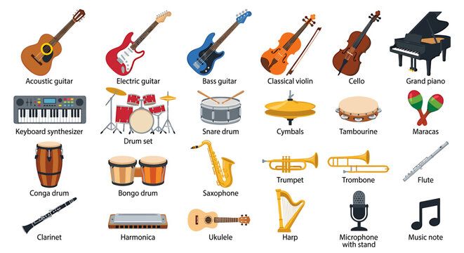 A collection of various musical instruments, arranged in a colorful and organized display.