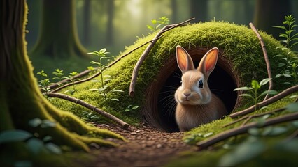 Curious rabbit in forest hollow
