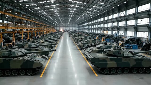 Military Tank Assembly Line in Warehouse - The video showcases a vast assembly warehouse filled with rows of military tanks.