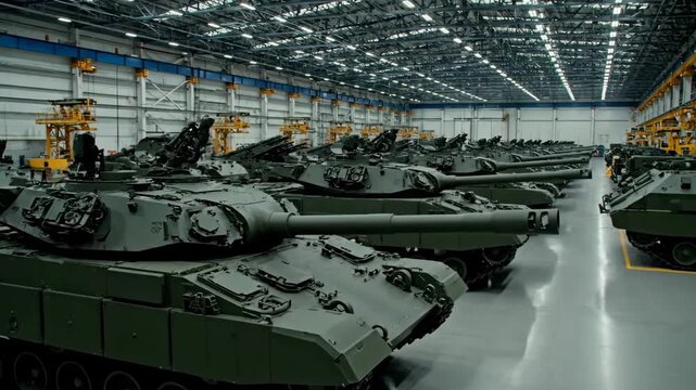 Military Tanks in Assembly Facility - A row of military tanks is organized in a large industrial facility, showcasing multiple armored vehicles with a sleek design.