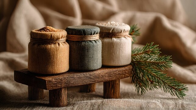 Spa scene with jars of bath salts and body scrub wrapped in textured fabric, placed on wooden stool with pine branch, beige minimalist back.